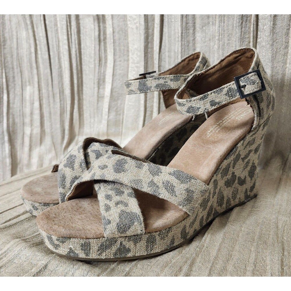 TOMS Women Wedges Size 10 Leopard Cheetah Print Crisscross Ankle Strap Sandals